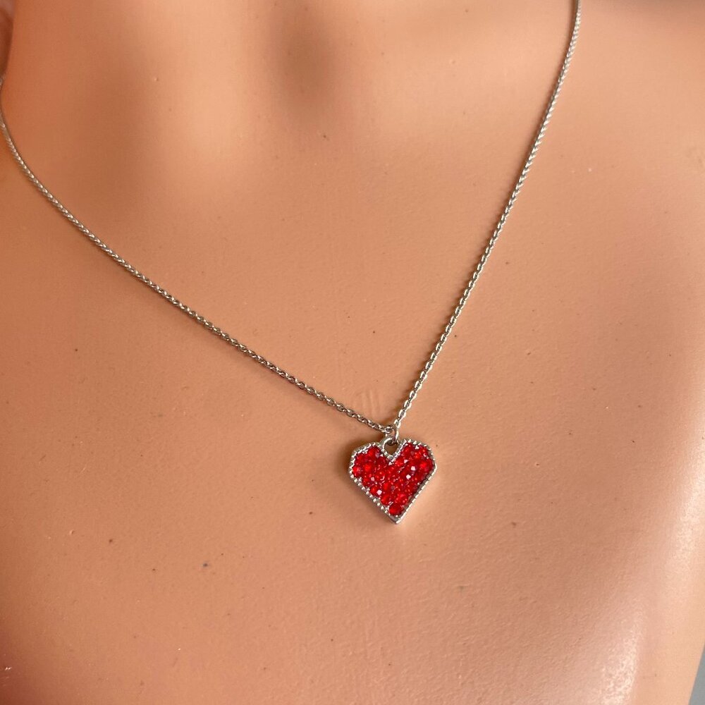 FAC Red Pave Crystal Heart Necklace Silver Tone NWT​​